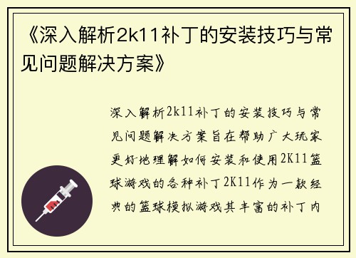 《深入解析2k11补丁的安装技巧与常见问题解决方案》