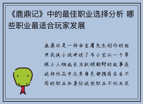 《鹿鼎记》中的最佳职业选择分析 哪些职业最适合玩家发展